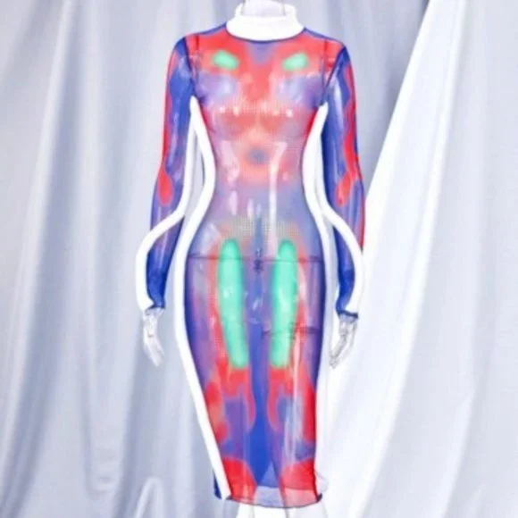 STASIA 3006: Infrared Body 5th Element Mesh Long Sleeve Maxi Dress - Picture 9 of 16